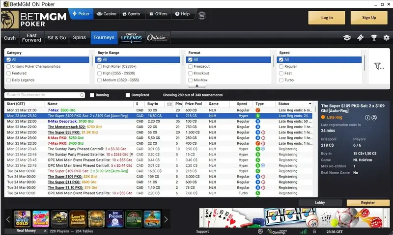 BetMGM Poker Ontario tournament lobby showing Daily Legends and Ontario Poker Championship events