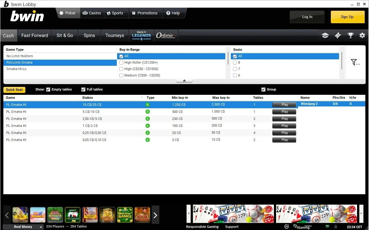 Bwin Ontario PLO cash game lobby showing Pot-Limit Omaha Hi tables