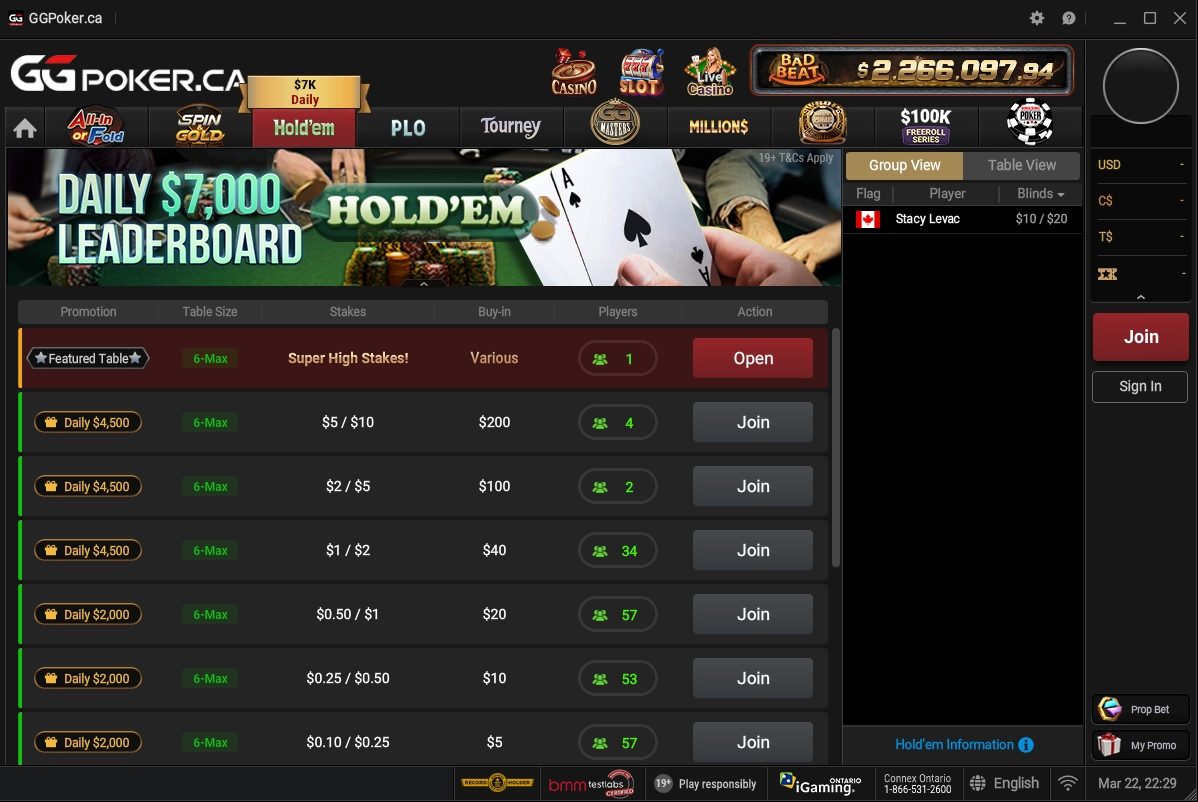 GGPoker Ontario Hold'em cash game lobby showing active tables and stakes