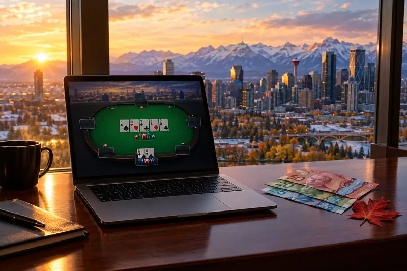 A laptop showing an online poker satellite lobby on a mahogany desk with Canadian bills and a red maple leaf, Calgary skyline and Rocky Mountains through a window at sunrise, illustrative of GGPoker Ontario launching freeroll qualifiers into the WSOP Circuit Calgary Main Event