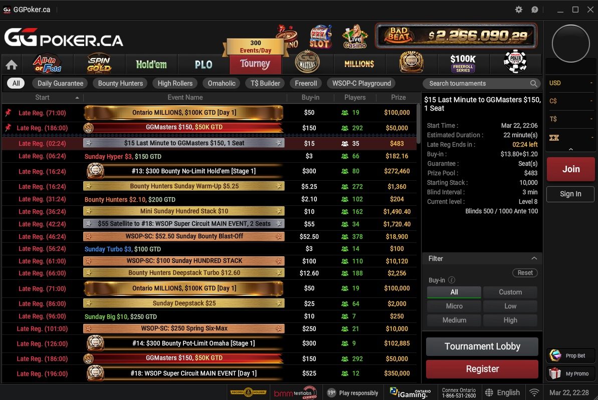 GGPoker Ontario tournament lobby including freeroll events