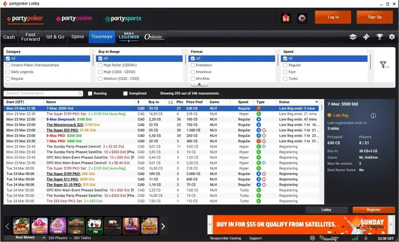 PartyPoker Ontario tournament lobby showing Daily Legends, Ontario Poker Championships, and satellite events