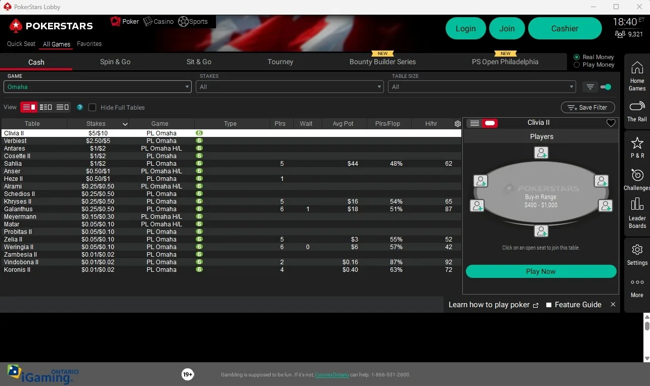 PokerStars Ontario PLO cash game lobby with Pot Limit Omaha and Omaha Hi-Lo tables
