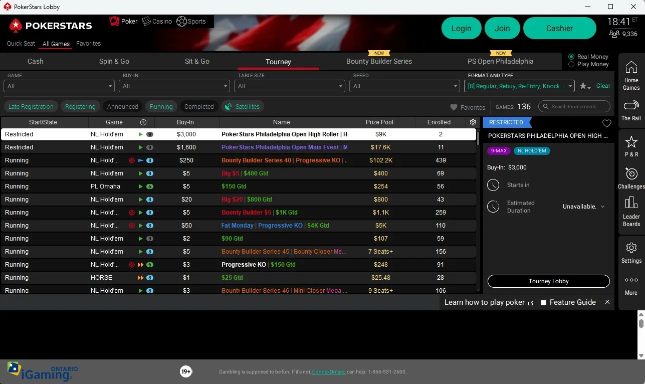 PokerStars Ontario tournament lobby showing PS Open Philadelphia and Bounty Builder Series